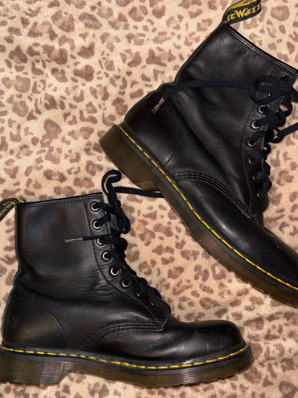 Dr. Martens Women’s Black Leather 8-Eye Lace-Up Boots with Yellow Stitching